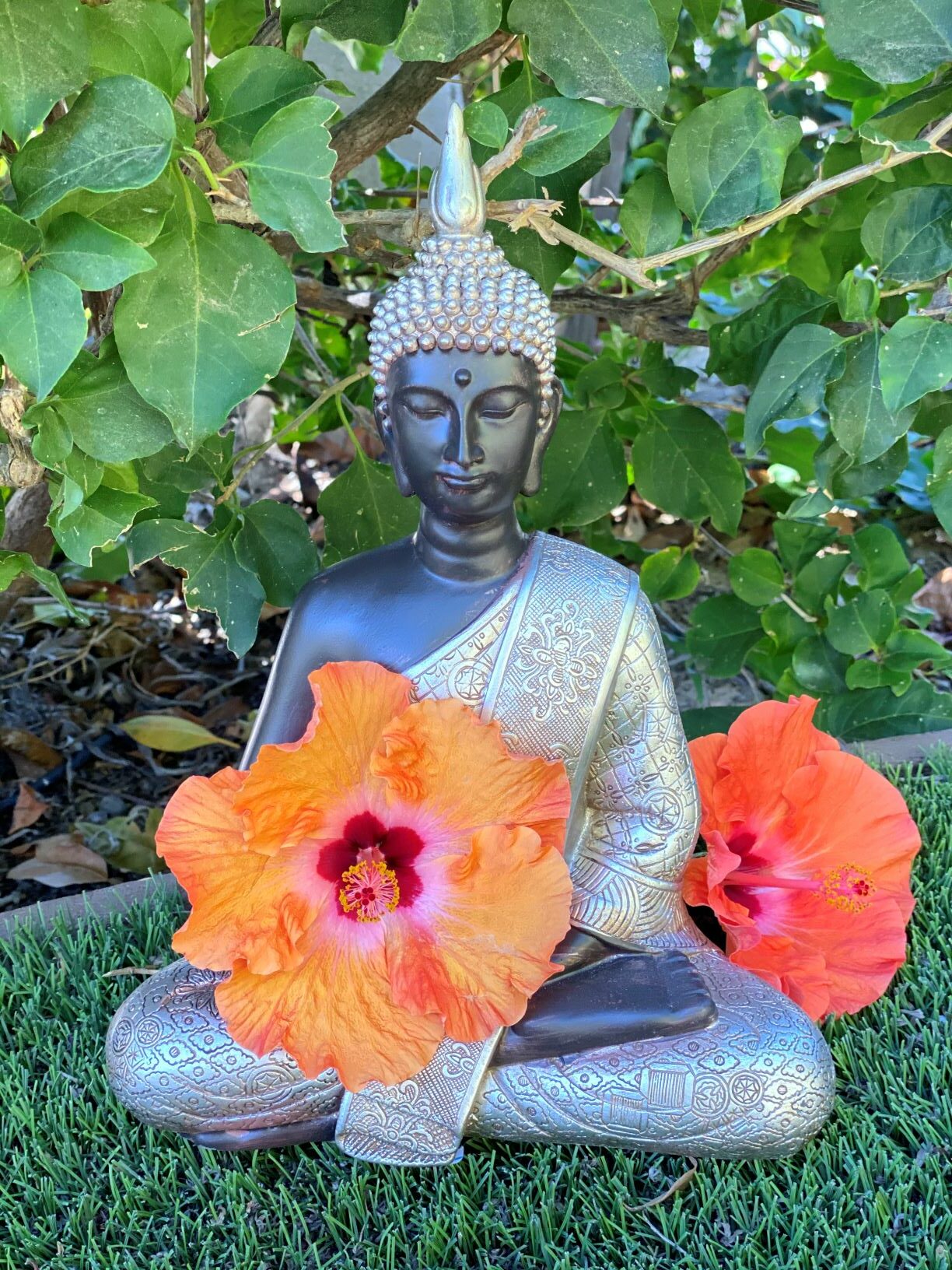 Buddha statue sitting in grass with orange hibiscus flowers